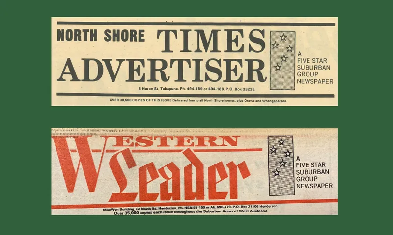 Two newspaper mastheads: "North Shore Times Advertiser" in black and "Western Leader" in red. Both feature a "Five Star Suburban Group Newspaper" logo with three stars on the right side.