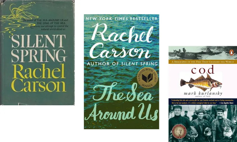 Three book covers: two books by Rachel Carson, and Cod by Mark Kurlansky.
