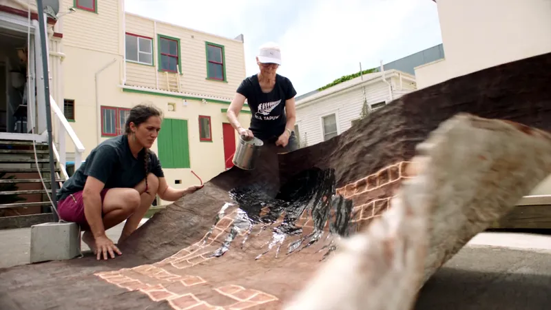 outside two women pour a bucket of black liquid over barkcloth flapping in the wind