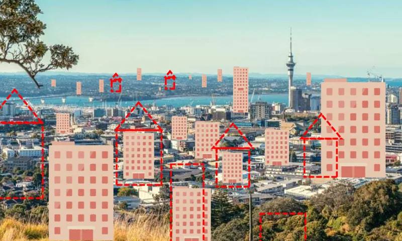 A cityscape with various cartoon-style high-rise buildings and house shapes drawn in red outlines over the photo, suggesting proposed or imagined urban development. A tall tower and water are visible in the background.