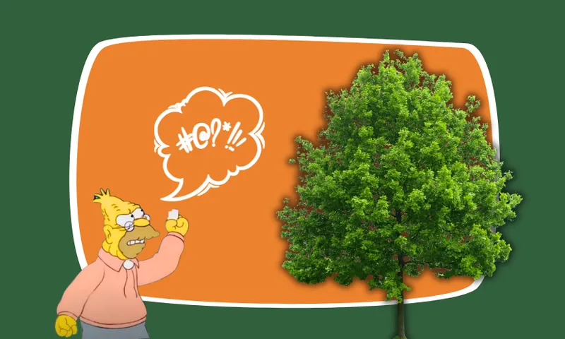 A cartoon elderly man angrily shakes his fist and shouts at a large green tree, with an orange background behind them. A speech bubble with random symbols indicates he is yelling.