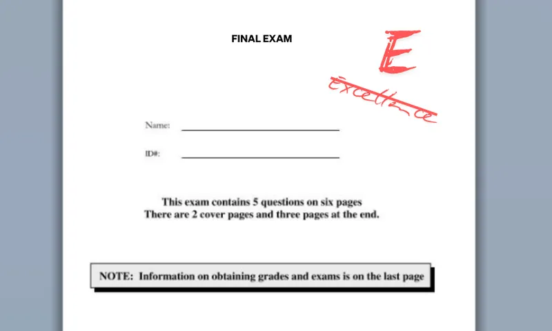 the front page of an exam with the grade "excellence" written and crossed out, replaced by the grade "E"