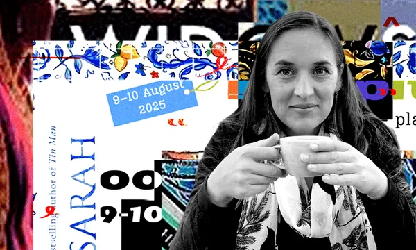 A black and white photo of Kirsten Le Harivel who is a young woman with long hair - she is holding a tea cup and is looking at the camera. There's a collage of book covers behind her.