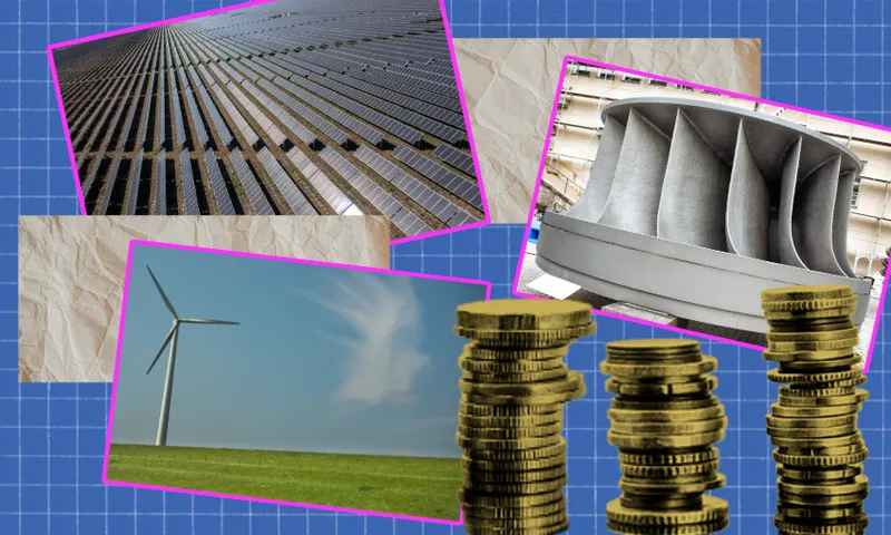 a compilation of images of a solar farm, wind turbine and hydro turbine with some stacks of money