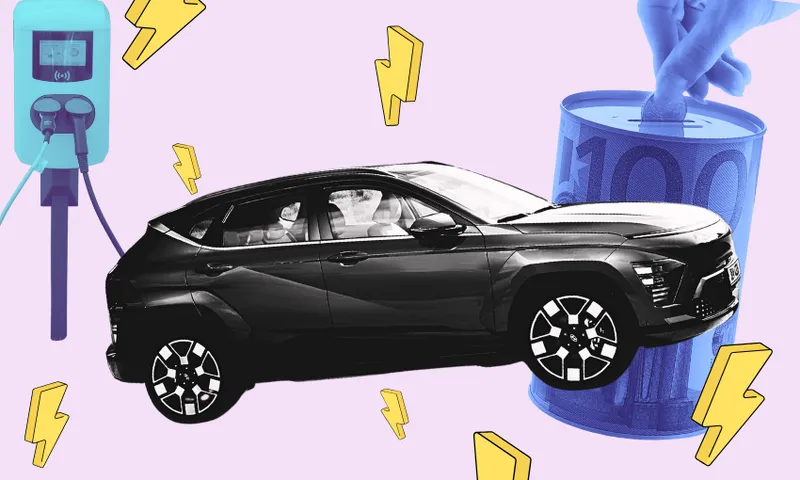 A black electric car is shown between a blue charging station and a large blue coin bank with a hand inserting a coin. Yellow lightning bolt icons are scattered around, all on a light purple background.