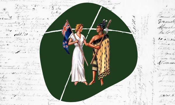 A European woman in a white dress holding a New Zealand flag stands beside a Māori man in traditional clothing, both facing forward, against a green background with handwritten text behind them.