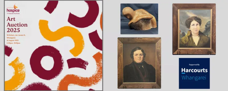 A banner for an art auction showing oil paintings and sculpture.
