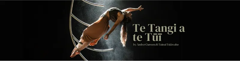 A promotional image showing a circus performer with text beside her.
