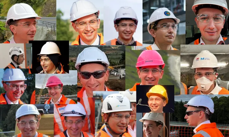 A collage of a man wearing various safety helmets, glasses, face masks, and orange safety vests in different outdoor and indoor construction settings. The man appears smiling in most images.