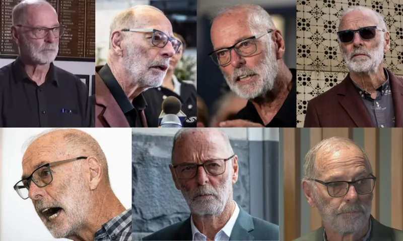 A collage of seven photos featuring an older man with a white beard and glasses, wearing a maroon blazer or similar clothing, shown in various settings and expressions.