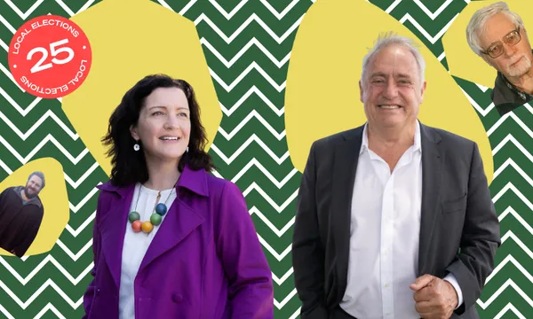 Green zigzaggy background with sara templeton, wearing purple, phil mauger, wearing a shirt and smiling, and two little faces of Tubby hansen and Thomas Healey