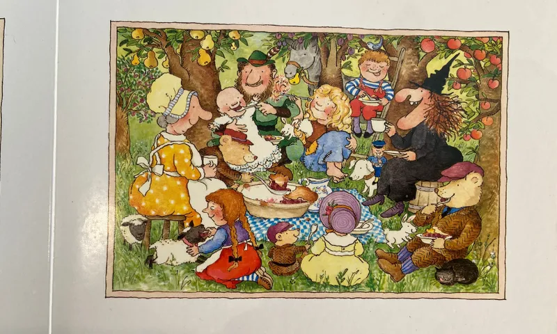 All the characters from Each Peach Pear Plum sitting under the fruit trees and eating a huge plum pie.