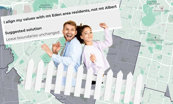 a young man and woman celebrate and look at the camera with a picket fence in front of them and a shaded map of Mount Eden and Mount Albert in the background