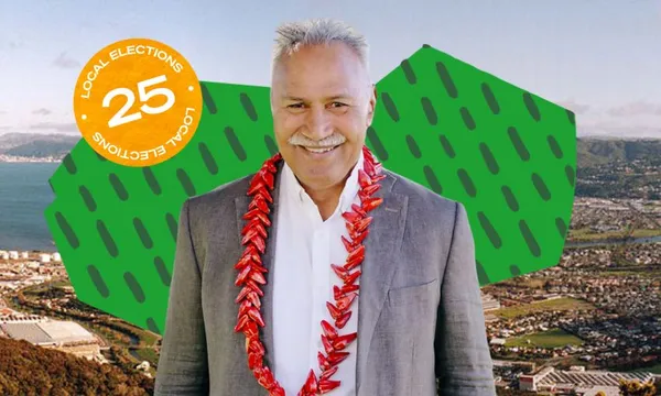 Ken Laban stands superimposed over a shot of Lower Hutt, taken from Wainuiomata hill.