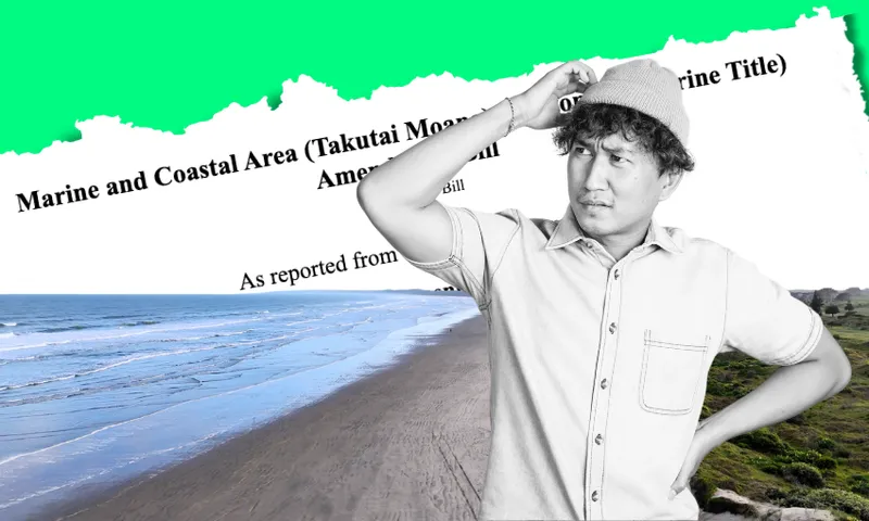 A man in a beanie scratches his head, looking confused. Behind him are a beach landscape and a torn document titled "Marine and Coastal Area (Takutai Moana)." The image suggests uncertainty about the coastal law.