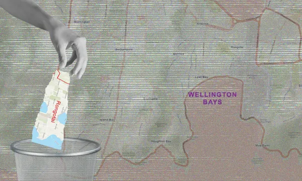 A hand drops a map labeled "Rongotai" into a wire trash bin, with a faded background map showing Wellington Bays area.