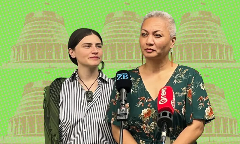 Green Party co-leaders Chloe Swarbrick and Marama Davidson stand side by side and superimposed over images of the beehive.