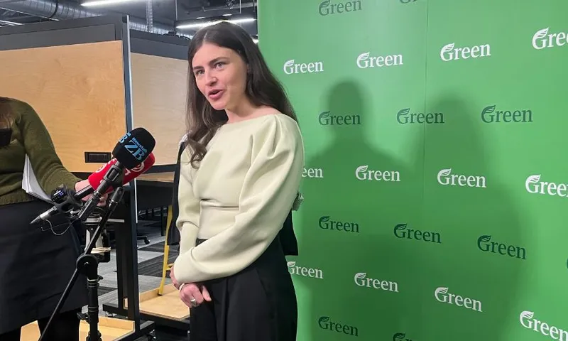 Chloe Swarbrick speaks to reporters at a Green Party standup.