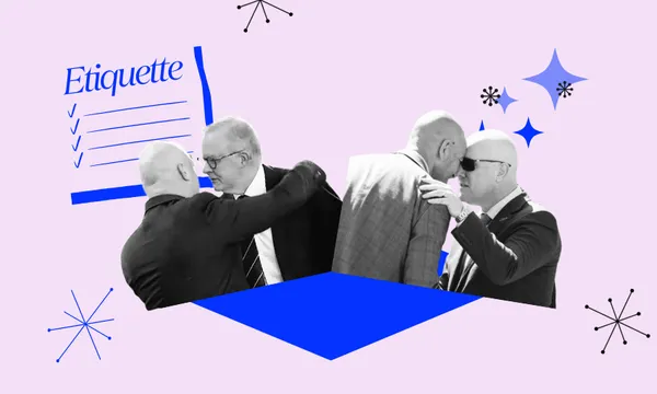 Three pairs of men in suits greet each other closely, some with handshakes or touches, set against a light purple background with blue geometric shapes, stars, and a checklist labeled "Etiquette".