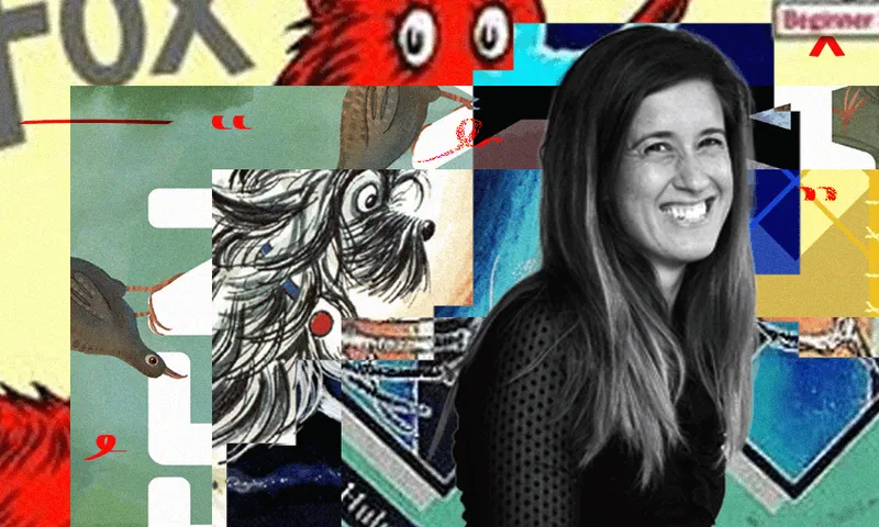 A black and white photo of Kate Preece who has long hair and is smiling. There's a collage of book covers behind her.