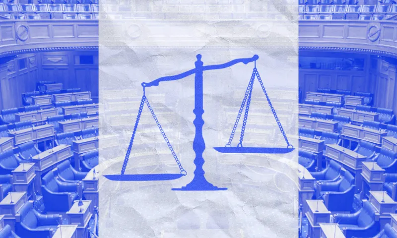 A blue-tinted illustration of balanced justice scales is superimposed over an image of an empty parliamentary chamber with rows of seats.