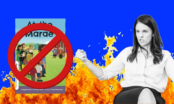 A woman with an angry expression gestures with her fists. Next to her is an illustrated children's book with a red prohibition symbol over it. Flames fill the background, and the sky is bright blue.