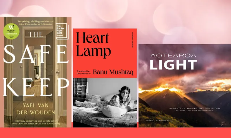 Three book covers on a red shelf.
