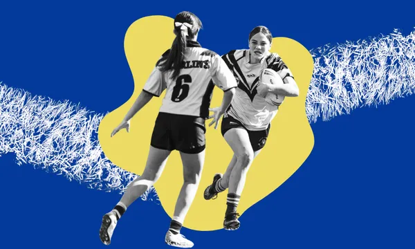 Two female rugby league players in action, one running with the ball and the other approaching on defense, set against a blue and yellow abstract background with a white grass texture.
