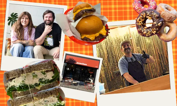 A collage featuring two people sitting on a couch, cheeseburgers, assorted donuts, a man in an apron smiling, a chicken salad sandwich, and the exterior of a restaurant with a “peaches” sign. The background is orange plaid.