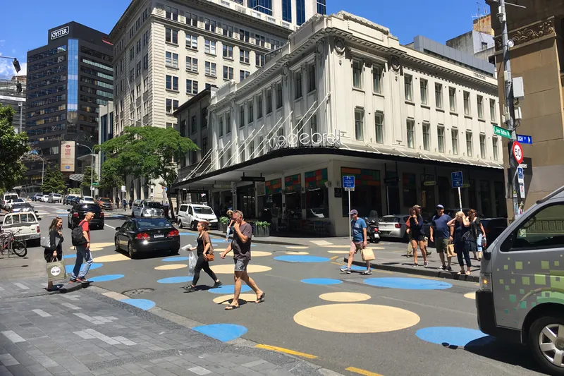 Traffic calming polkadots painted on Shortland Street in Auckland CBD.