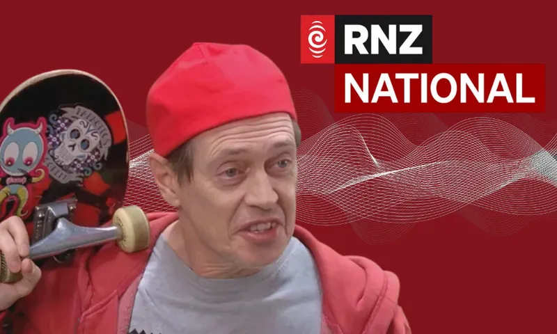 A man in a red cap and hoodie holds a skateboard over his shoulder, with a red background featuring the RNZ National logo and white wave graphics.