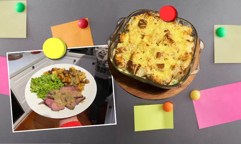 A collage features a cheesy baked casserole in a glass dish and a photo of a plate with sliced roast beef, green vegetables, potatoes, and gravy. Colorful sticky notes with pushpins decorate the gray background.