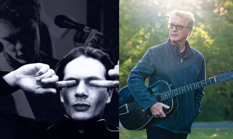 Two movie posters, on the left a young man with his fingers covering his eyes, on the right an older man wearing glasses and holding a guitar