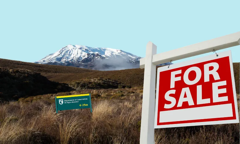 A large "For Sale" sign stands in grassy terrain with a snow-capped mountain in the background. A green Department of Conservation sign is visible among the grass. The sky is clear and blue.
