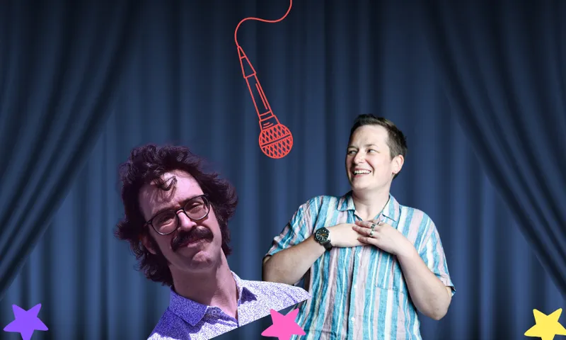 A photograph of Erik Kennedy and Ray Shipley with a dark blue stage curtain behind them and a microphone between them.