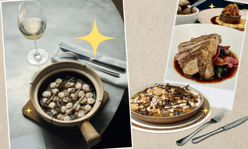 A collage shows a dish of grilled octopus in a brown bowl with a glass of white wine on a marble table, and polaroid-style photos of plated gourmet meals with meat, vegetables, and pasta.