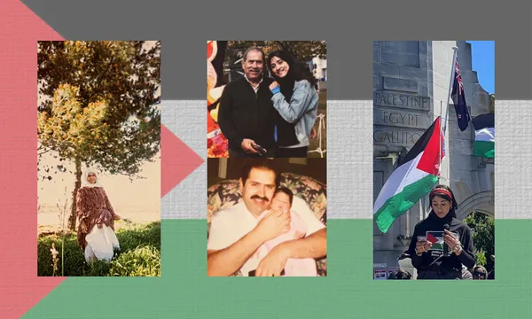 three family photos laid over a palestine flag background