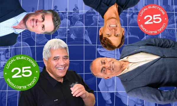 Four smiling men are positioned around the edges of a blue-tinted photo of a crowd. Two green and one red "Local Elections 25" badges are overlaid on the image.