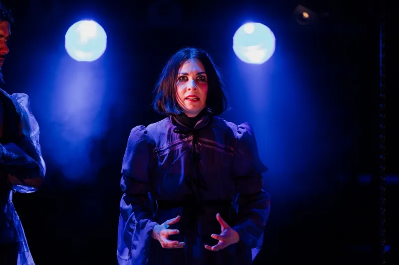 A woman with dark hair parted down the middle and wearing a dark purple dress stands centre stage