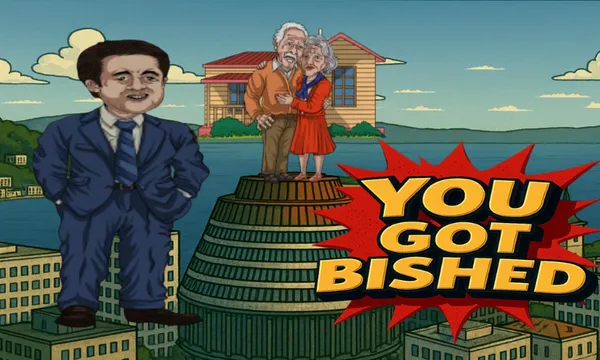 A cartoon man in a suit smiles while an elderly couple looks distressed atop a large building shaped like a barrel. Text in a burst reads, "YOU GOT BISHED." A house floats behind the couple.