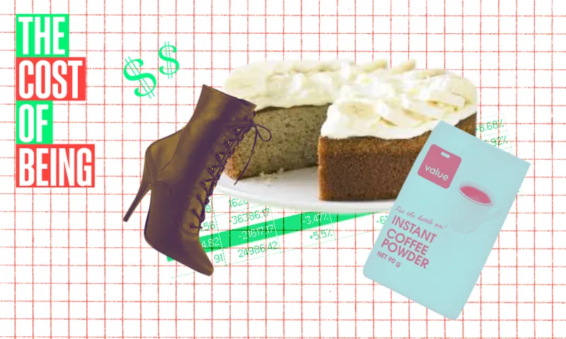 the cost of being logo on the left with a black high heeled boot, a packet of cheap instant coffee and a homemade carrot cake