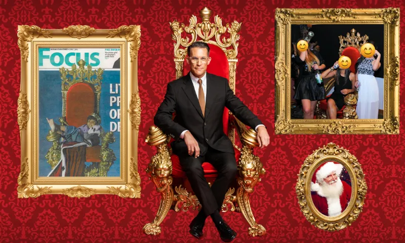A man in a suit sits on a gold throne with red upholstery, surrounded by ornate frames: a magazine cover, a group of people posing on a throne with smiley face emojis over their faces, and a portrait of Santa Claus.