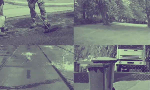 A collage of four images: a worker sweeping pavement, a tree-lined park path, a swimming pool lane, and garbage bins in front of a truck. The images have a blue-green filter and dotted overlay.