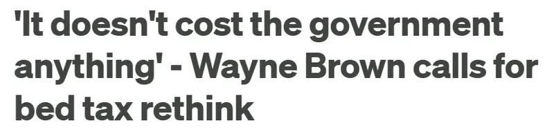 A screenshot of a headline that reads "'It doesn't cost the government anything' – Wayne Brown calls for bed tax rethink"