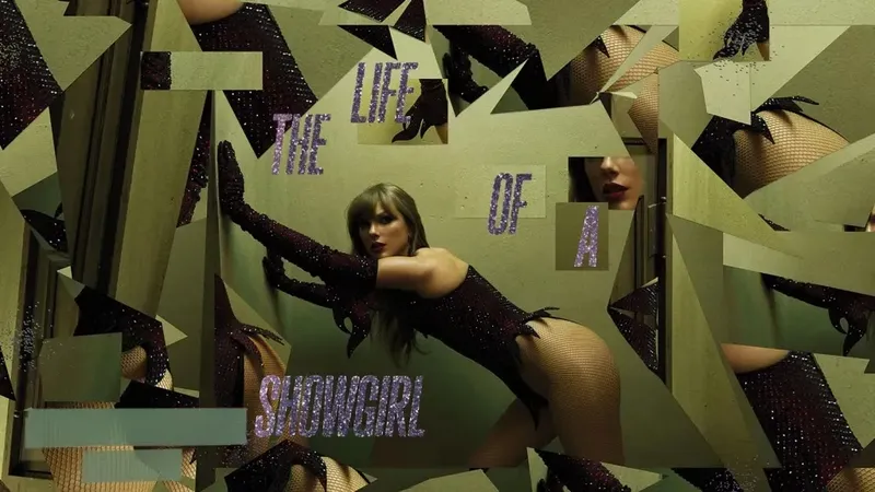 an image of taylor swift with fragmented elements and the text "The life of a showgirl" in glittery writing