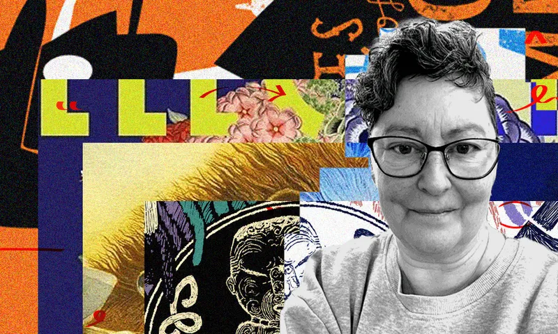 A black and white photo of a woman with short hair and glasses; there's a collage of book covers behind her.