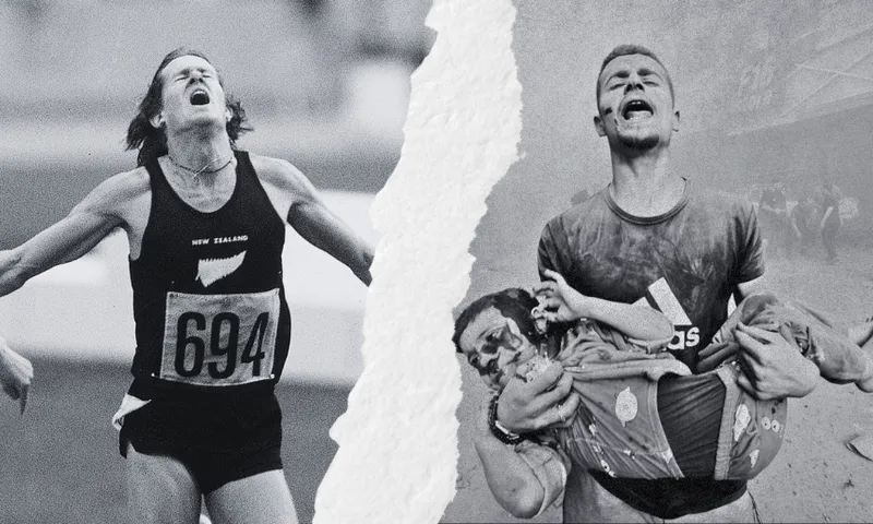 A black-and-white split image: on the left, a New Zealand runner with arms outstretched and mouth open in triumph; on the right, a distressed athlete carries an injured teammate off the field.