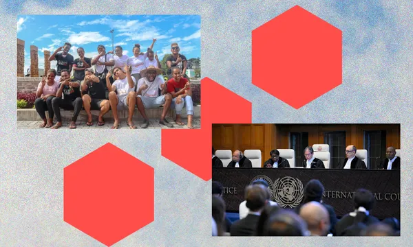 a sky background a group of students and te formal room of the ICJ with judges in suits