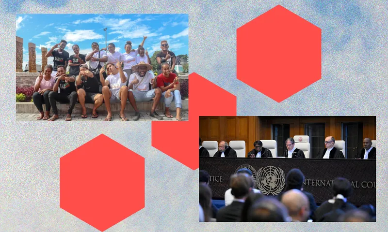 a sky background a group of students and te formal room of the ICJ with judges in suits