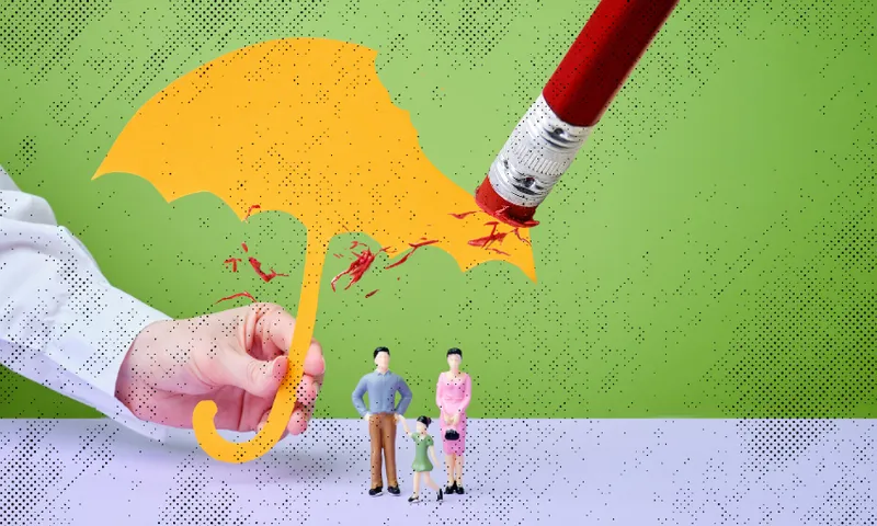 A large hand holds a yellow umbrella cutout over a miniature family, while a giant pencil eraser starts erasing the umbrella, symbolizing loss of protection. The background is green.